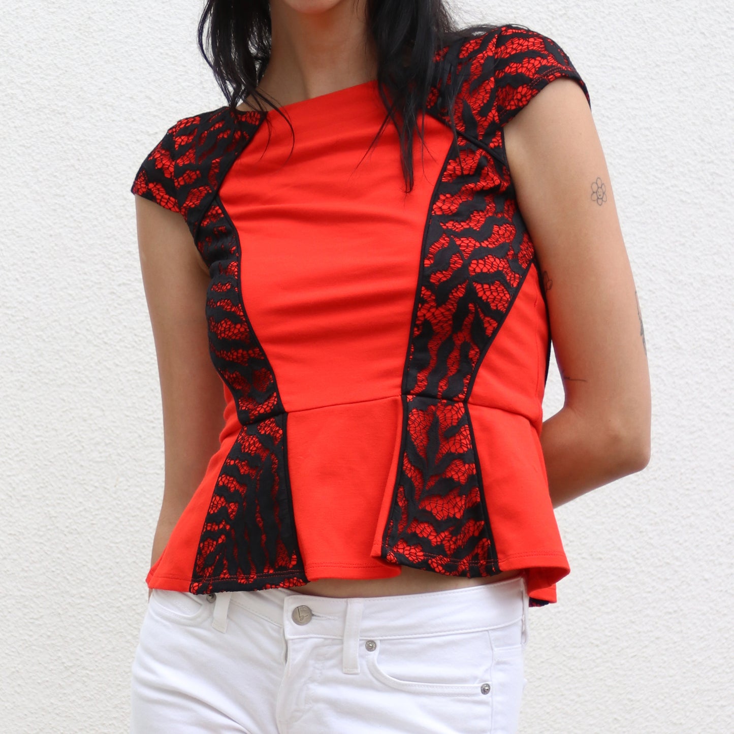 Red Bebe Top with Black Lace
