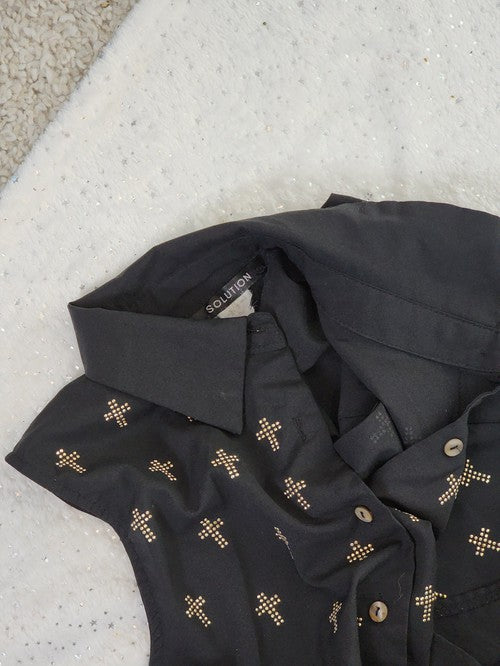 Goth shirt in black and gld crosses.